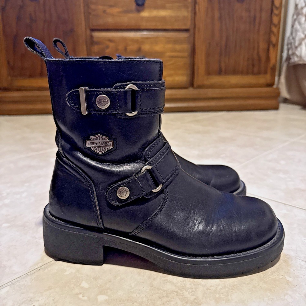 Harley-Davidson Black Leather Motorcycle Riding Biker Boots Zip Up Woman Sz 8.5 - Picture 1 of 7